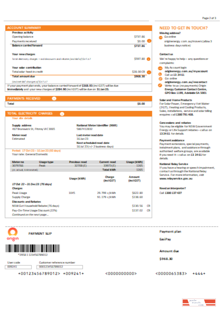 New South Wales (NSW) Origin electricity utility business bill, SCR, page 2 PSD template